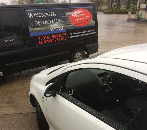 Northwest Car and Truck Glass Van with Car Requiring Replacement Window